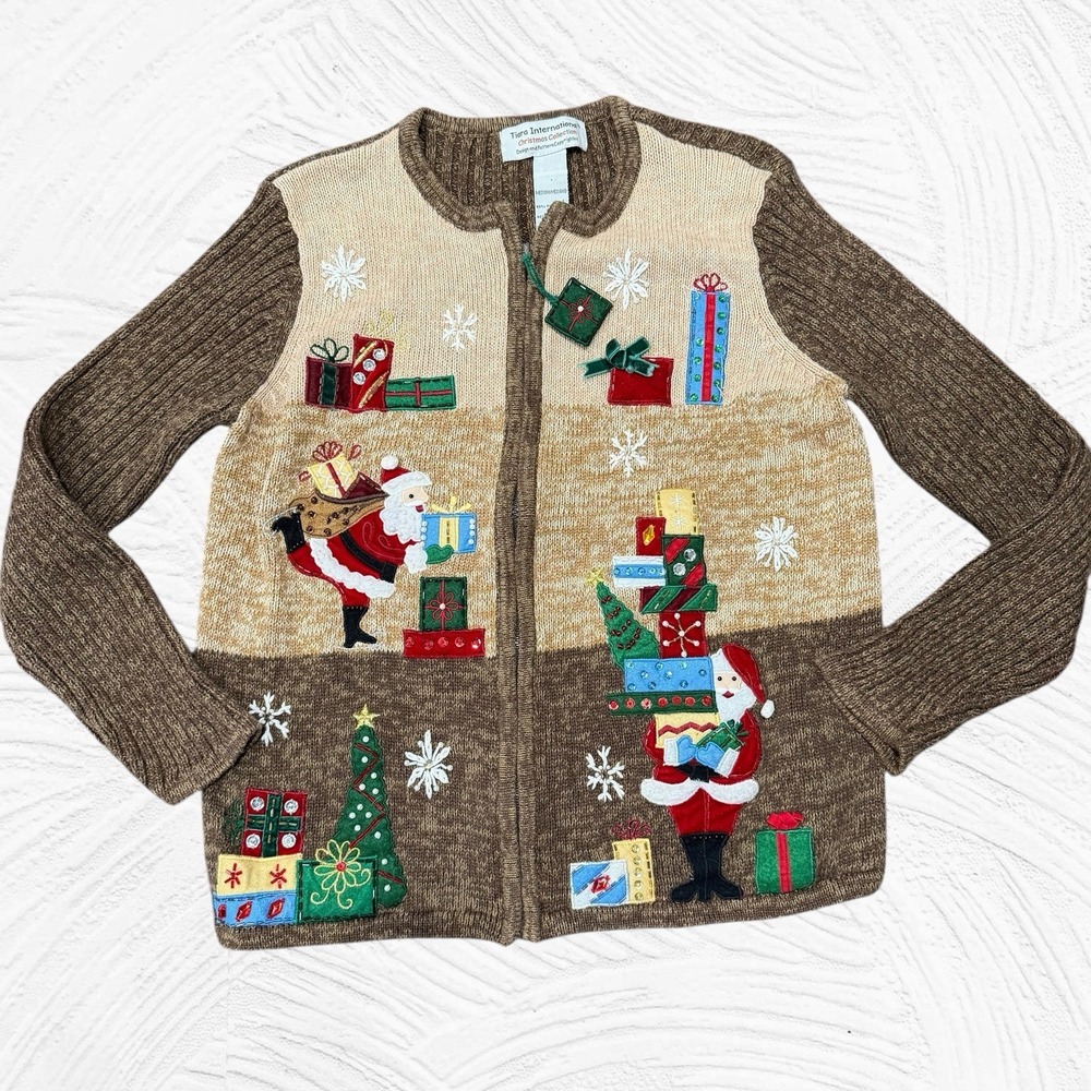 Vintage Tiara International Cardigan Medium Brown Embroidered Christmas Beaded